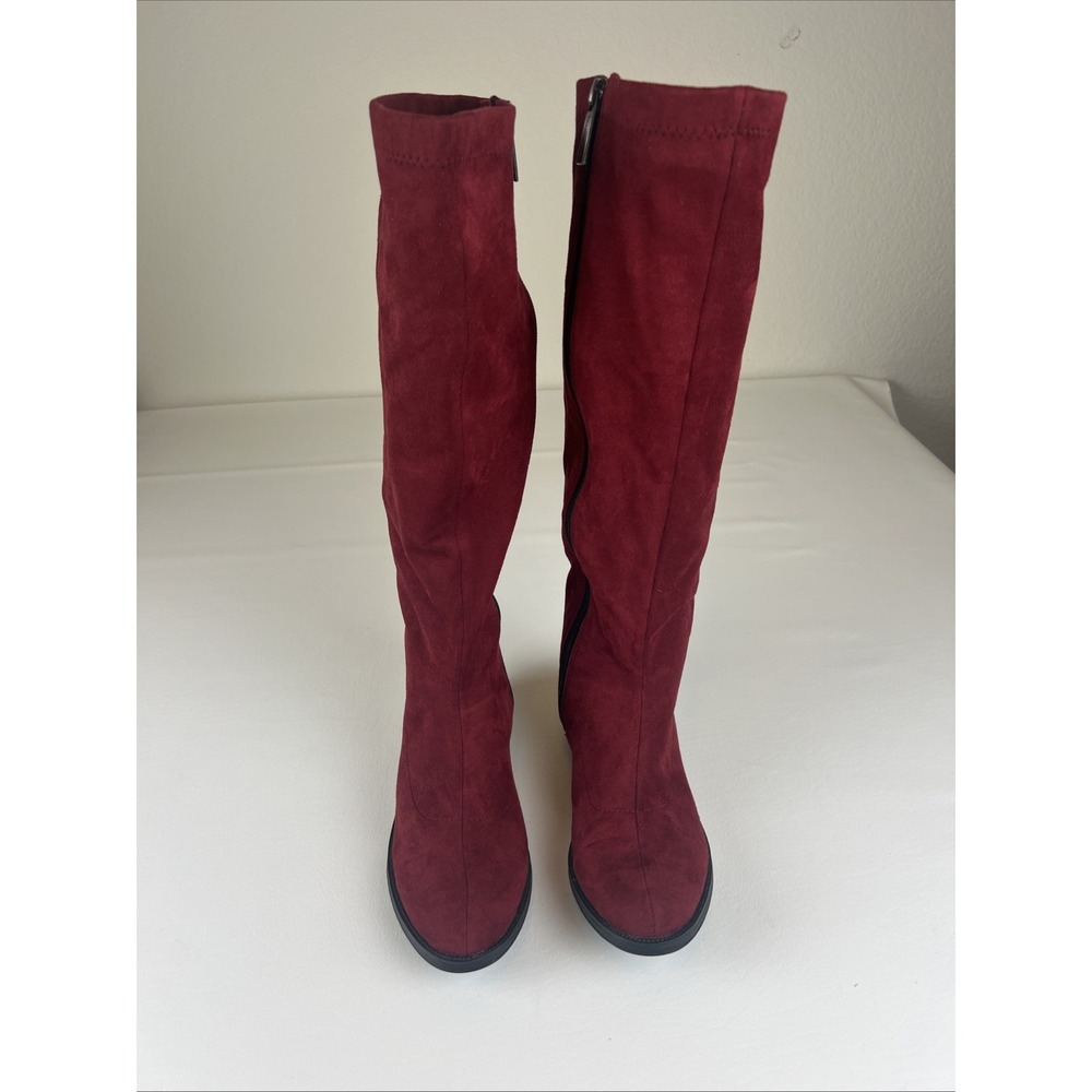 Bussola Burgundy Suede Tall Knee High Boots Side Zip Low Block Heel Sz 8.5
